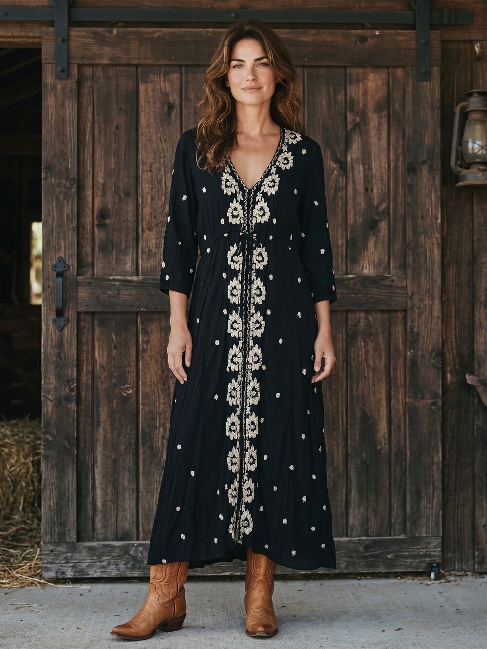 Free People Black Maxi Dress with Cream Embroidery